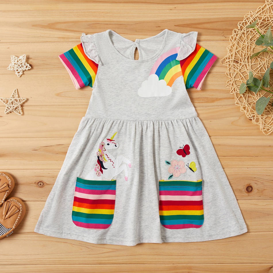 Baby / Toddler Girl Pretty Unicorn Decor Rainbow Print Dresses